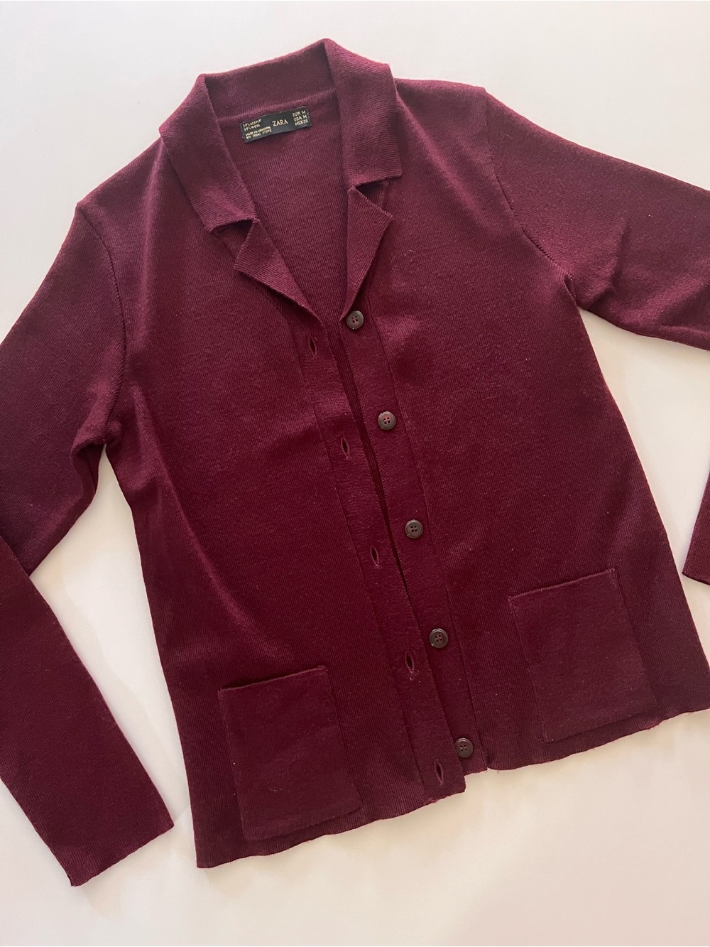 Zara Burgundy Wool Cardigan- Collar, Pockets, & Modern Design, Medium, Like New